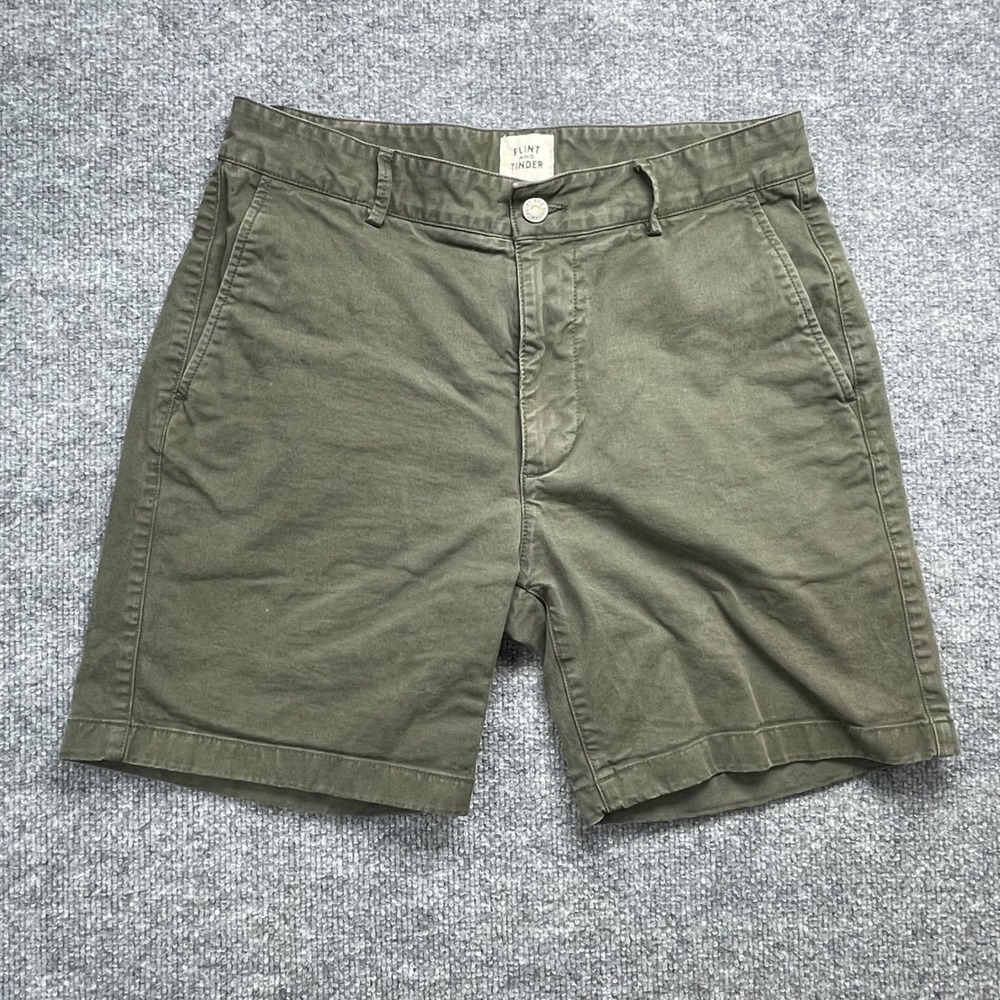 Flint and Tinder 365 Shorts Mens 31 Olive Green Chino Flat Front 7 Inch Inseam